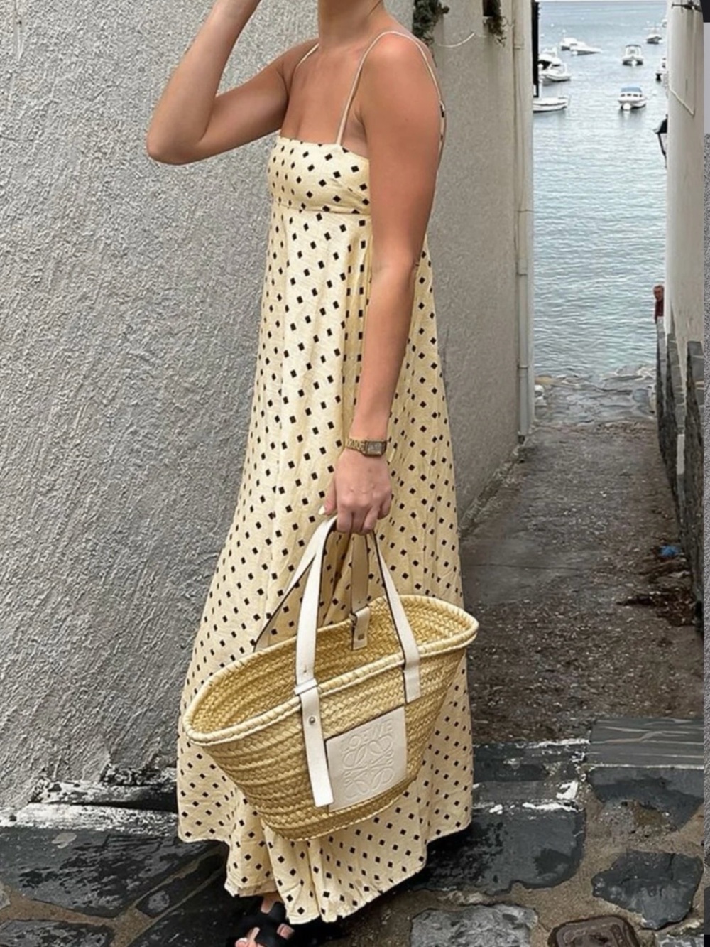 Commense Cream Black Printed Spaghetti Strap Maxi Dress Small NWT Linen Blend